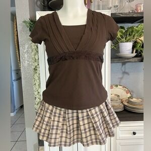 Large Brown DFA New York Blouse Cap Sleeves Fitted Stretchy y2k